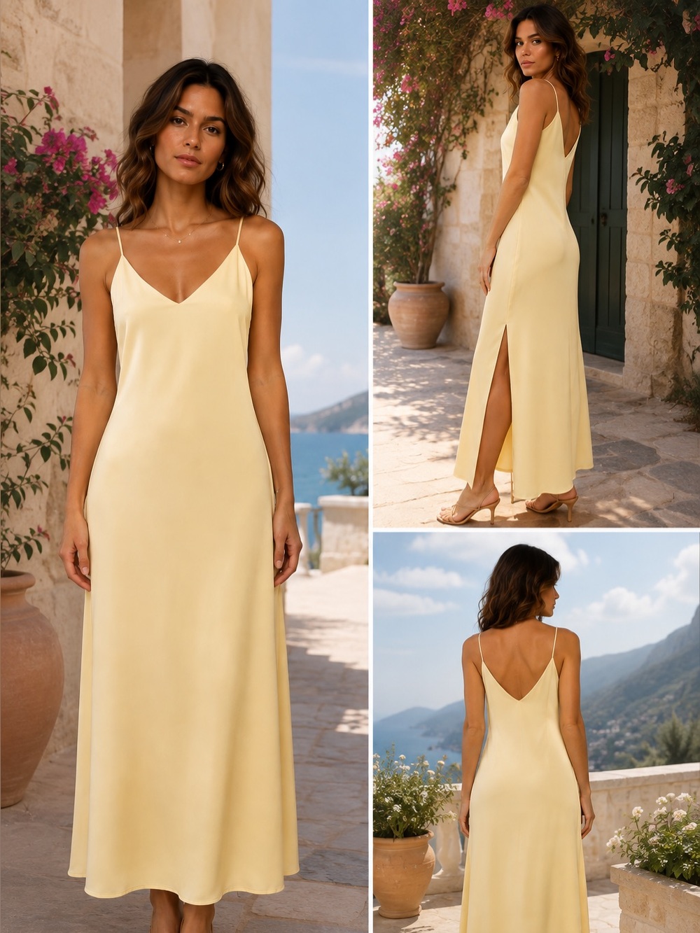 Elegant Yellow Slip Midi Dress with Spaghetti Straps
